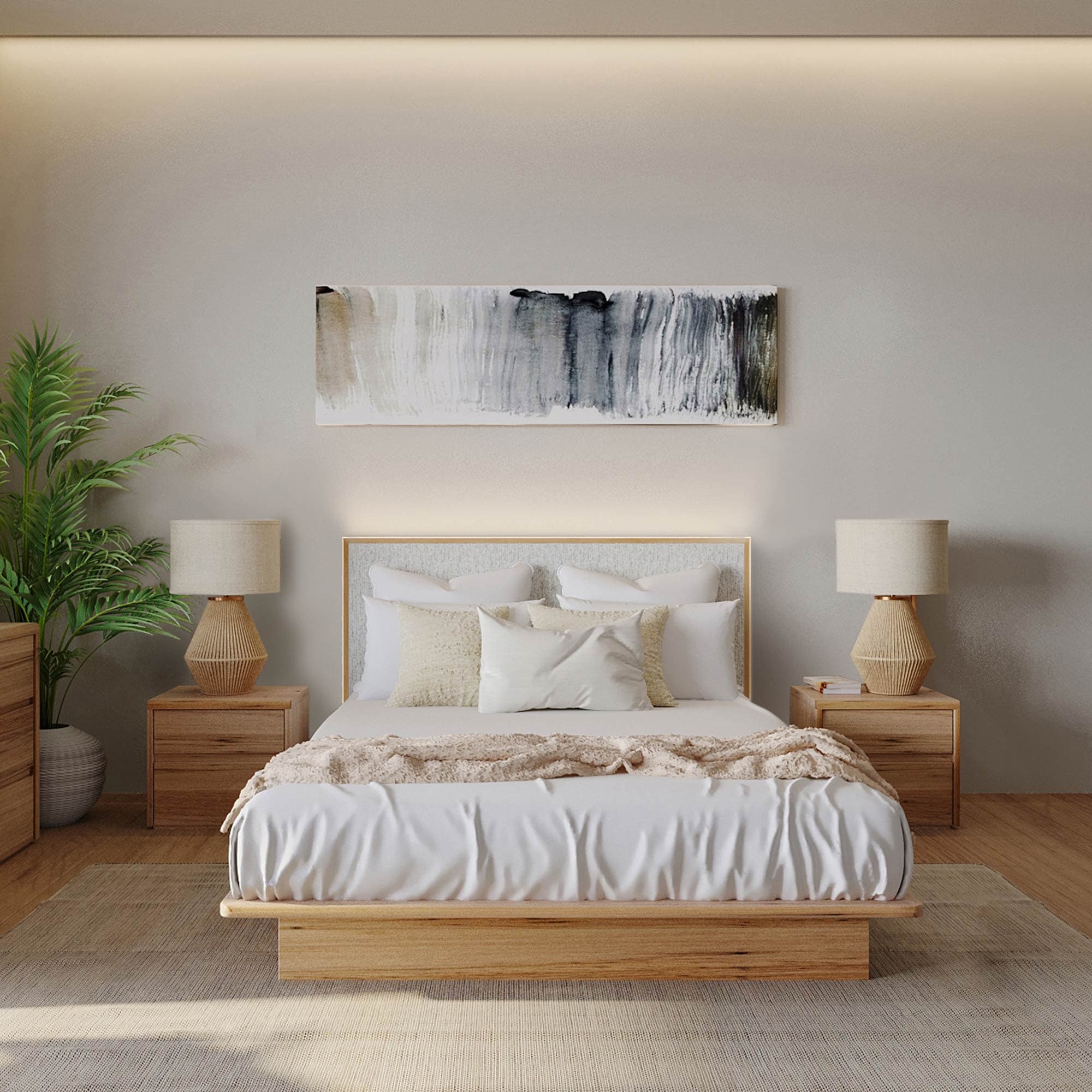 Lifestyle image of the  Soho Narrow Qb Bed W/Timber Base (Light Ash, Montague Alabaster) from Forty Winks