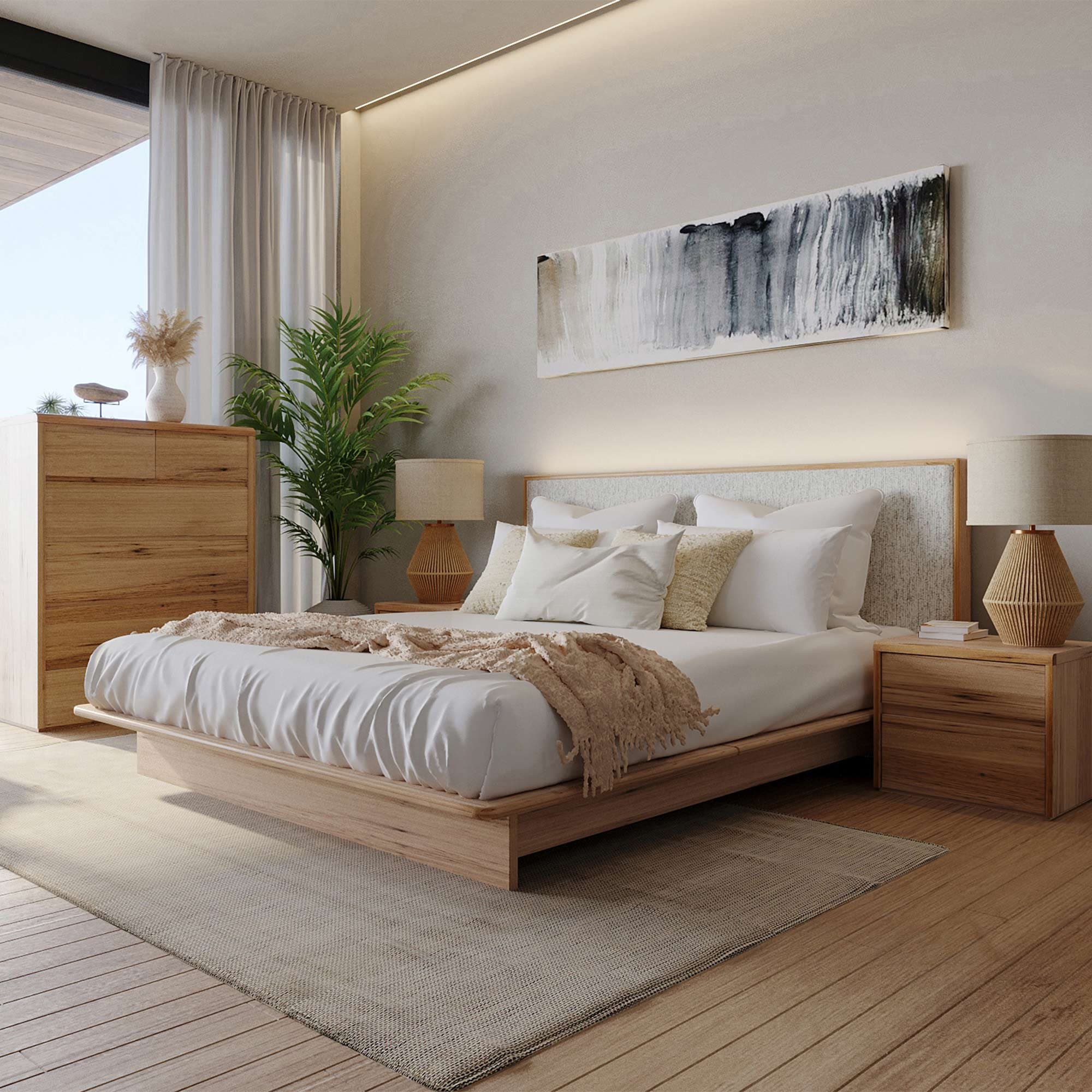 Lifestyle image of the  Soho Narrow Qb Bed W/Timber Base (Light Ash, Montague Alabaster) from Forty Winks