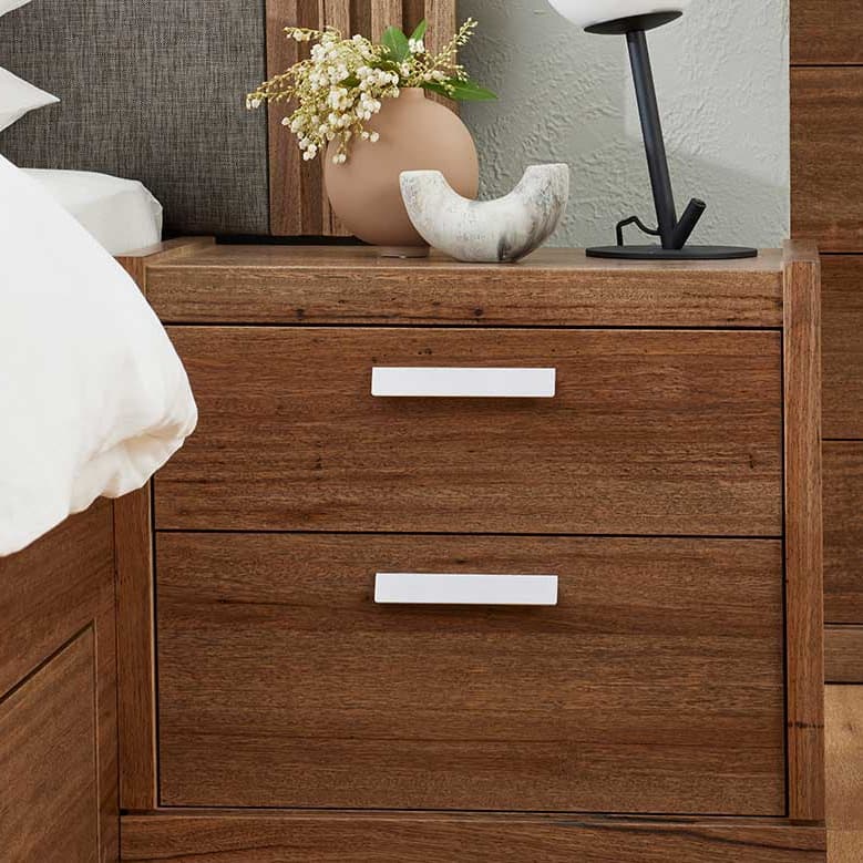 Lifestyle image of the Bentley Bedside Table 2 Drawer (Ghost Gum) from Forty Winks
