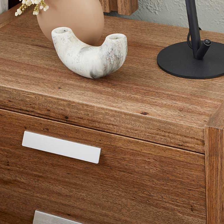 Lifestyle image of the Bentley Bedside Table 2 Drawer (Ghost Gum) from Forty Winks