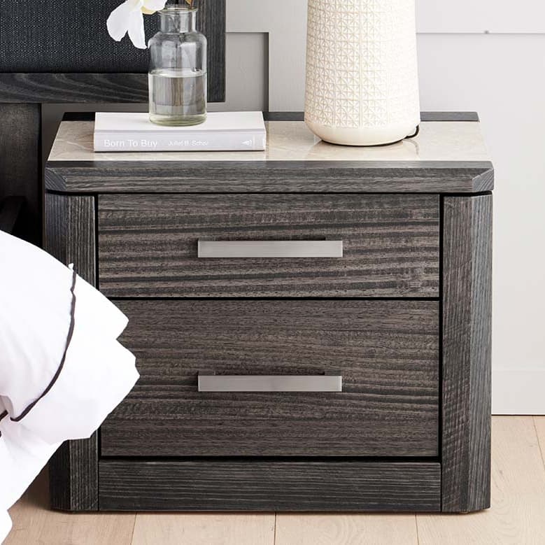 Lifestyle image of the Maitland Bedside Table 2 Drw W/Tile In Top 480H (Charcoal) from Forty Winks
