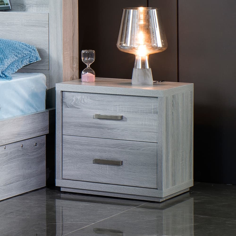 Lifestyle image of the Bellevue Cement Grey Bedside Table from Forty Winks