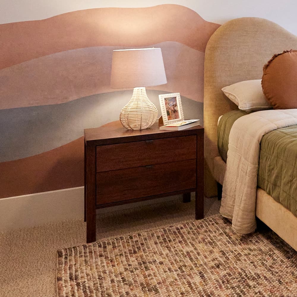 Lifestyle image of the City X Bedside Table 2 Drw (Chocolate) from Forty Winks