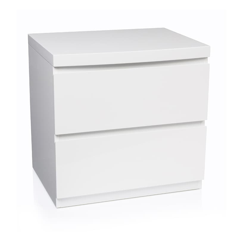 Lifestyle image of the Ellipse Gloss White Bedside Table 2 Drw from Forty Winks