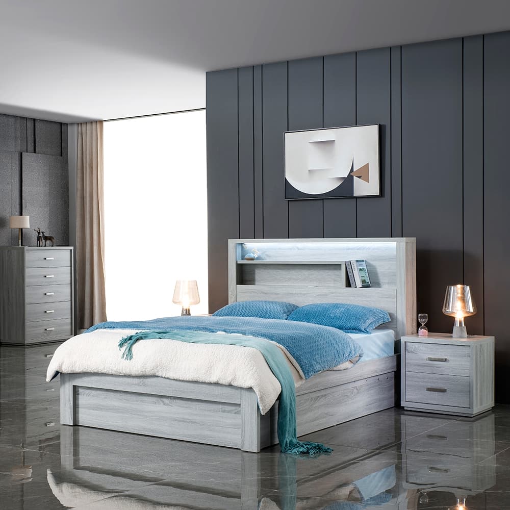 Lifestyle image of the Bellevue Cement Grey Bedside Table from Forty Winks