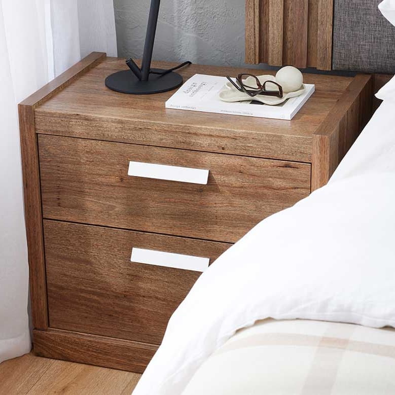 Lifestyle image of the Bentley Bedside Table 2 Drawer (Ghost Gum) from Forty Winks