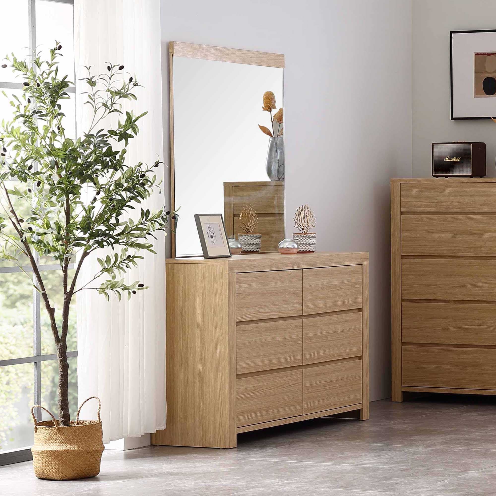 Lifestyle image of the Lugano Alpine Oak Dresser 6 Drawer W/Mirror from Forty Winks