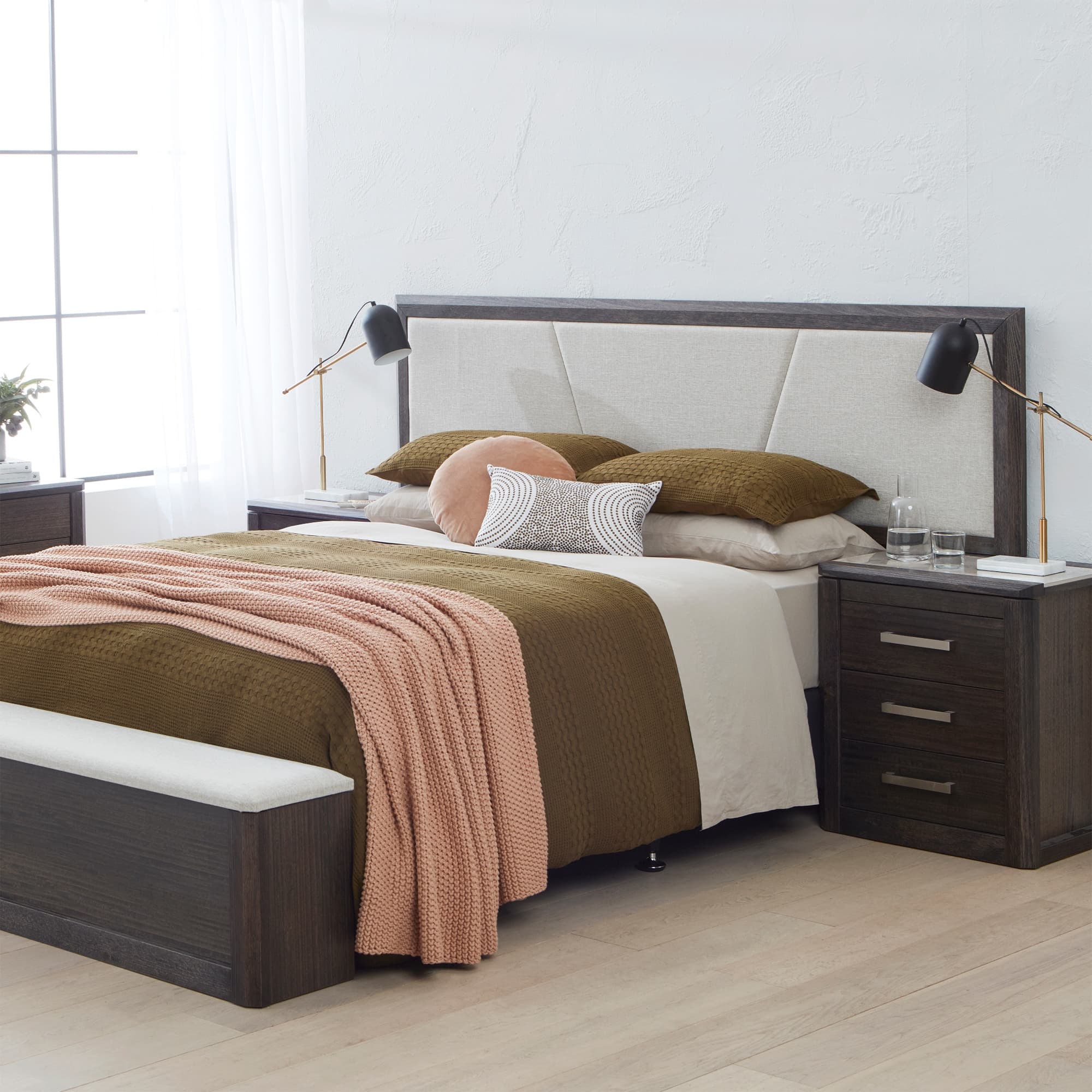 Lifestyle image of the Maitland Bedside Table 2 Drw W/Tile In Top 480H (Charcoal) from Forty Winks